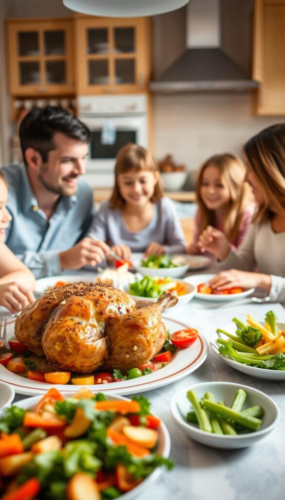 A warm, inviting kitchen scene with a family gathered around a table enjoying a healthy, home-cooked meal. The table is set with vibrant, fresh ingredients - a colorful salad, a hearty roasted chicken, and a side of perfectly steamed vegetables. Soft, natural lighting illuminates the scene, casting a gentle glow on the family's faces as they engage in lively conversation. In the background, a glimpse of a well-stocked pantry and appliances suggests the care and attention given to preparing this nourishing meal. The overall atmosphere conveys the importance of shared, healthy meals in fostering family connections and well-being.