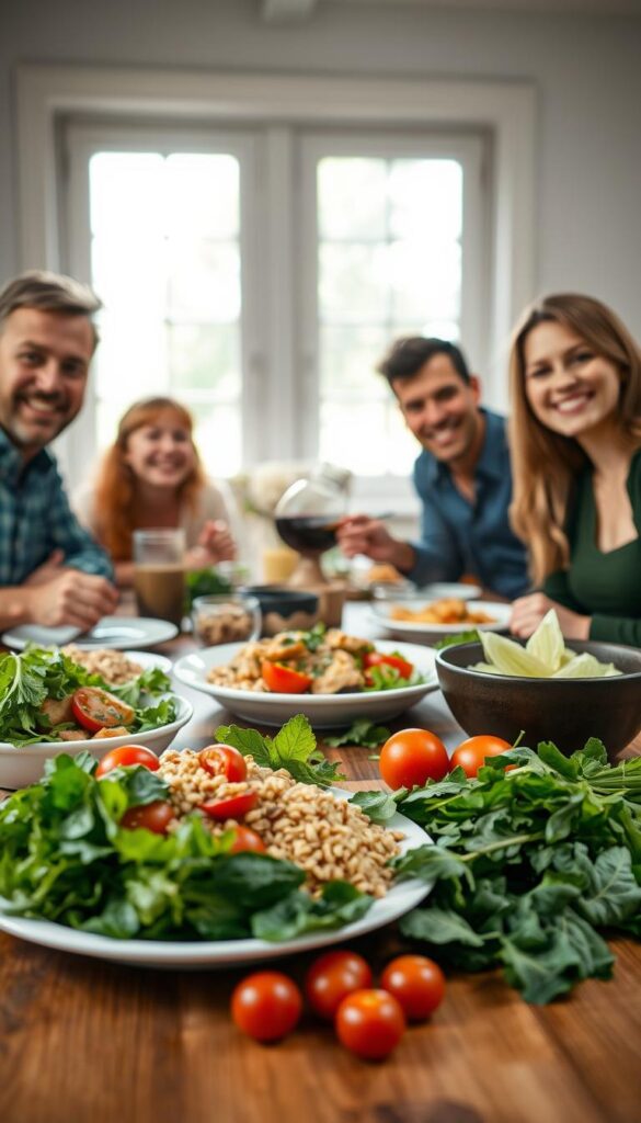 A warm, inviting kitchen scene with a family gathered around a wooden table, enjoying a delicious, home-cooked meal. In the foreground, a variety of fresh, vibrant ingredients - crisp salad greens, juicy tomatoes, hearty whole grains, and lean protein - are neatly arranged, exuding an air of health and nutrition. The middle ground features a beautifully plated, steaming dish, its enticing aromas wafting through the air. In the background, soft, natural lighting filters in through large windows, casting a cozy, welcoming glow over the scene. The family members, smiling and engaged, create a sense of togetherness and joy, embodying the essence of a healthy, nourishing family dinner.