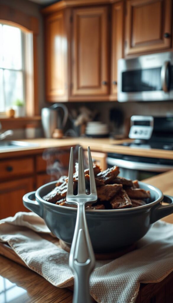 A warm kitchen interior with wooden cabinets and a stainless steel appliance. On the countertop, a grey ceramic bowl filled with juicy beef tips, steam rising from the surface. Soft, diffused lighting from a window casts a gentle glow, highlighting the tender meat. In the foreground, a sturdy metal fork hovers, ready to stir and inspect the reheated dish. The scene conveys a sense of domestic comfort and the promise of a delicious, satisfying meal. Photographed with a shallow depth of field, the focus drawn to the protagonist - the reheated beef tips.