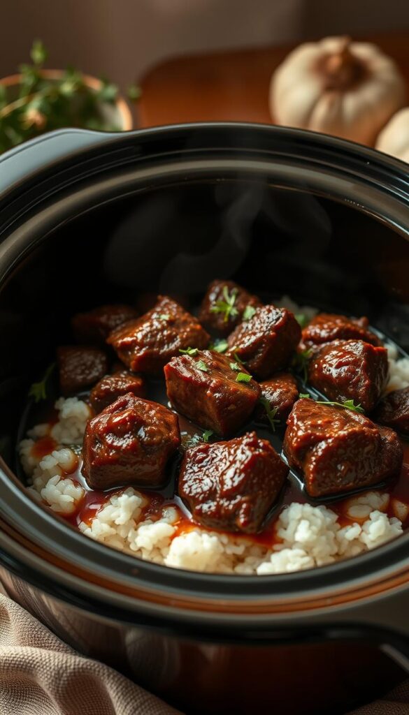 A warm, rustic crock pot filled with succulent beef tips, slow-cooked to perfection in a rich, savory gravy. The meat is fork-tender, with a deep, caramelized flavor, nestled on a bed of fluffy white rice. Fresh, aromatic herbs and a hint of garlic waft through the air, creating a cozy, homey atmosphere. The lighting is soft and gentle, casting a golden glow over the dish, inviting the viewer to dive in and savor every bite. The composition is balanced, with the crock pot taking center stage, surrounded by clean, minimalist elements that allow the mouthwatering dish to be the star of the show.