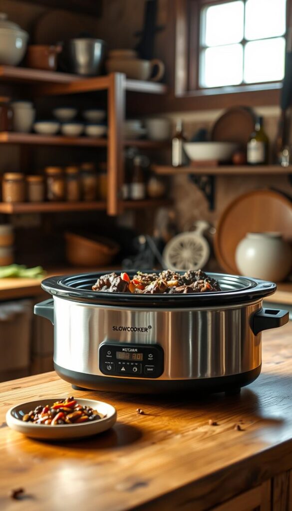 A warm, rustic kitchen interior with a modern slow cooker prominently displayed on a wooden counter. Delectable pot roast, tender and aromatic, is being slowly simmered within, emitting inviting wafts of spices and savory broth. Soft, natural lighting filters through a window, casting a cozy glow on the scene. In the background, shelves display an array of cooking utensils and ingredients, hinting at the culinary richness waiting to be explored. The overall atmosphere conveys a sense of comfort, tradition, and the rewarding patience of slow cooking.
