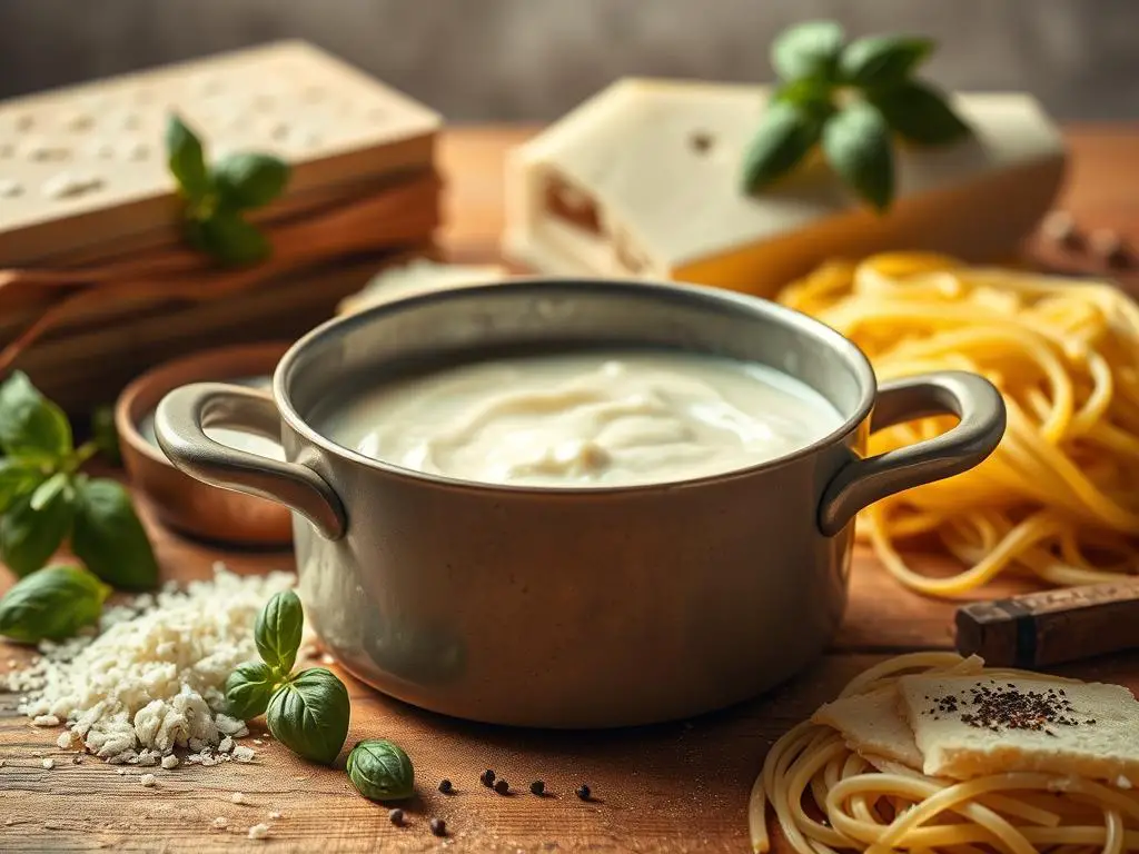 A warm-toned, artfully composed still life showcasing the essential elements for crafting a perfect white sauce pasta. In the foreground, a creamy, luscious white sauce simmers gently in a ceramic saucepan, its surface rippling with the promise of velvety richness. Surrounding it, a collection of high-quality ingredients - fresh pasta, grated Parmesan, a sprig of fragrant basil, and a sprinkle of cracked black pepper - arranged with an eye for balance and visual appeal. The lighting is soft and diffused, accentuating the inviting, comforting atmosphere. The image is captured with a shallow depth of field, drawing the viewer's focus to the delectable centerpiece while hinting at the larger culinary tableau. An image that inspires the viewer to savor the simple pleasures of crafting a perfec