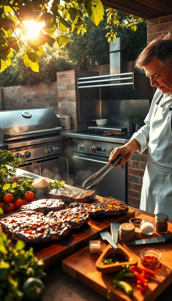 A well-equipped outdoor kitchen with gleaming stainless steel appliances and a large, charcoal grill surrounded by fresh herbs and vibrant vegetables. Warm afternoon sunlight filters through the leaves, casting a golden glow over the scene. In the foreground, a seasoned chef in a crisp white apron examines expertly grilled steaks, using tongs to test their doneness. Nearby, a cutting board displays an array of grilling tools and spices, suggesting a wealth of culinary knowledge and experience. The overall atmosphere is one of relaxed confidence and the promise of delicious, perfectly cooked dishes.