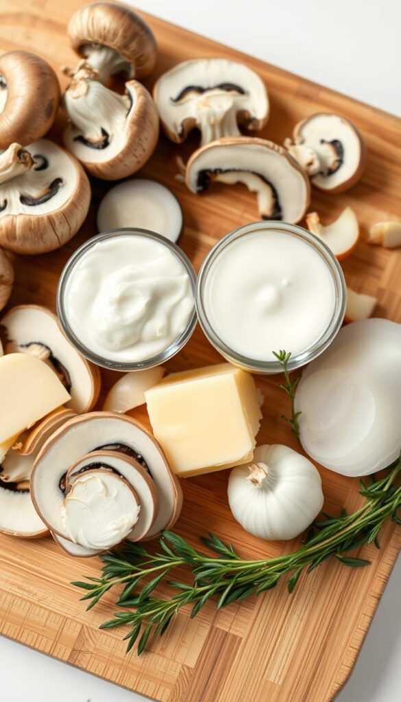 A well-lit, close-up image of a wooden cutting board with freshly sliced mushrooms, cream, butter, onions, garlic, and fresh thyme, arranged in an organized still life composition. The ingredients are set against a clean, white background with soft, natural lighting that highlights the textures and colors of the components. The image conveys a sense of culinary simplicity and the classic flavors of a creamy mushroom soup.