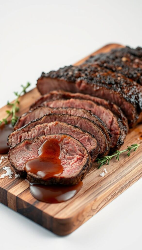 A well-lit close-up photograph of a succulent, perfectly seared and seasoned beef chuck roast, sliced into thick juicy slices, arranged on a rustic wooden cutting board. The meat glistens with its natural juices, surrounded by a few sprigs of fresh thyme, a pinch of coarse sea salt, and a drizzle of rich, velvety beef gravy. The composition is framed by a plain white background, allowing the star of the image - the tender, flavorful chuck roast - to take center stage. Soft, even lighting from the side creates depth and highlights the roast's delectable texture and mouthwatering appearance.