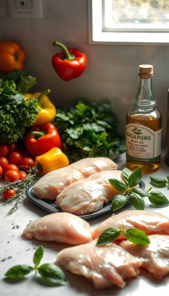 A well-lit countertop with a selection of fresh ingredients for fast chicken dishes - vibrant vegetables like bell peppers, zucchini, and cherry tomatoes, fragrant herbs like thyme and basil, a jar of high-quality olive oil, and juicy chicken breasts ready to be transformed into a quick and flavorful meal. The lighting is soft and warm, highlighting the textures and colors of the ingredients, creating an inviting and appetizing atmosphere. The composition is balanced, with the chicken as the central focus, surrounded by the supporting cast of fresh produce and seasonings, all arranged in an aesthetically pleasing manner. The overall mood is one of simplicity, freshness, and the promise of a delicious and nourishing meal to come.