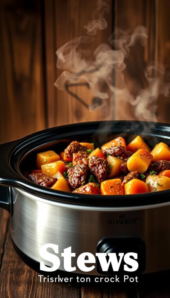 A well-lit, high-contrast image of a slow cooker filled with a hearty, savory beef stew, set against a rustic wooden background. The stew features tender chunks of beef, carrots, potatoes, onions, and aromatic herbs, simmered to perfection. Wisps of steam rise from the slow cooker, evoking the comforting aroma. The image should convey the inviting and homemade atmosphere of a classic slow-cooked beef stew, perfectly suited to illustrate a "Frequently Asked Questions About Stews" section in an article on "Tasty Stew Meat Recipes for Your Crock Pot."