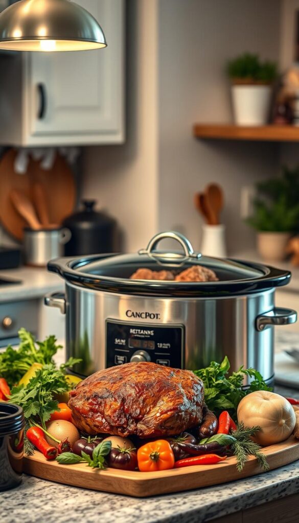 A well-lit, high-quality photograph of a cozy kitchen interior, with a modern stainless steel crock pot prominently displayed on the countertop. The crock pot is filled with a savory, slow-cooked pot roast, surrounded by an array of fresh herbs, vegetables, and other hearty ingredients. The lighting is warm and inviting, creating a homey, comforting atmosphere. The composition emphasizes the benefits of crock pot cooking, highlighting the tender, flavorful texture of the pot roast and the convenience of the slow-cooking method. The image conveys the idea of nourishing, wholesome home-cooked meals and the joy of effortless, hands-off meal preparation.