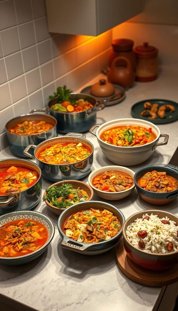 A well-lit kitchen counter displaying an array of hearty one-pot meals, each brimming with vibrant, fresh ingredients. Simmering pots of savory soups and stews, with tender meats, wholesome vegetables, and aromatic spices. Rustic ceramic bowls and earthenware platters hold steaming rice, fragrant curries, and comforting casseroles. Warm, inviting lighting casts a soft glow, highlighting the rich colors and textures of the nourishing dishes. A mid-century modern aesthetic with clean lines and natural materials complements the wholesome, homemade feel. An inspiring tableau of quick, effortless meals that nourish both body and soul.