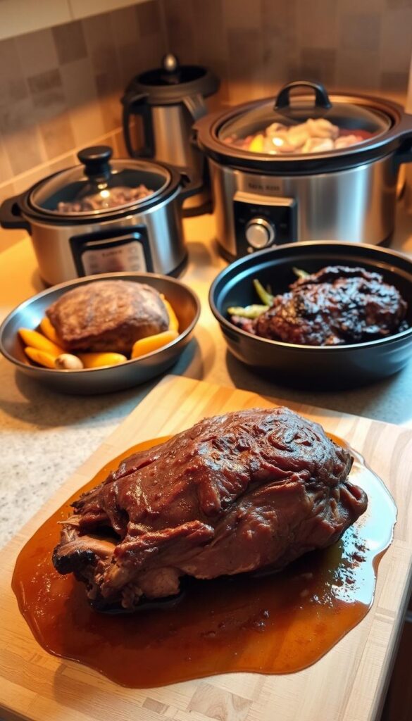 A well-lit kitchen counter displaying various cooking mistakes commonly associated with preparing pot roast. In the foreground, an overcooked, dried-out roast rests on a wooden cutting board alongside a pool of congealed, greasy cooking liquid. In the middle ground, an underdone, raw-centered roast sits next to a pan of charred, burnt vegetables. The background features a slow cooker boiling over, its contents bubbling and spilling onto the counter. The scene is bathed in warm, golden light, creating a sense of domestic kitchen mishaps and culinary frustration.