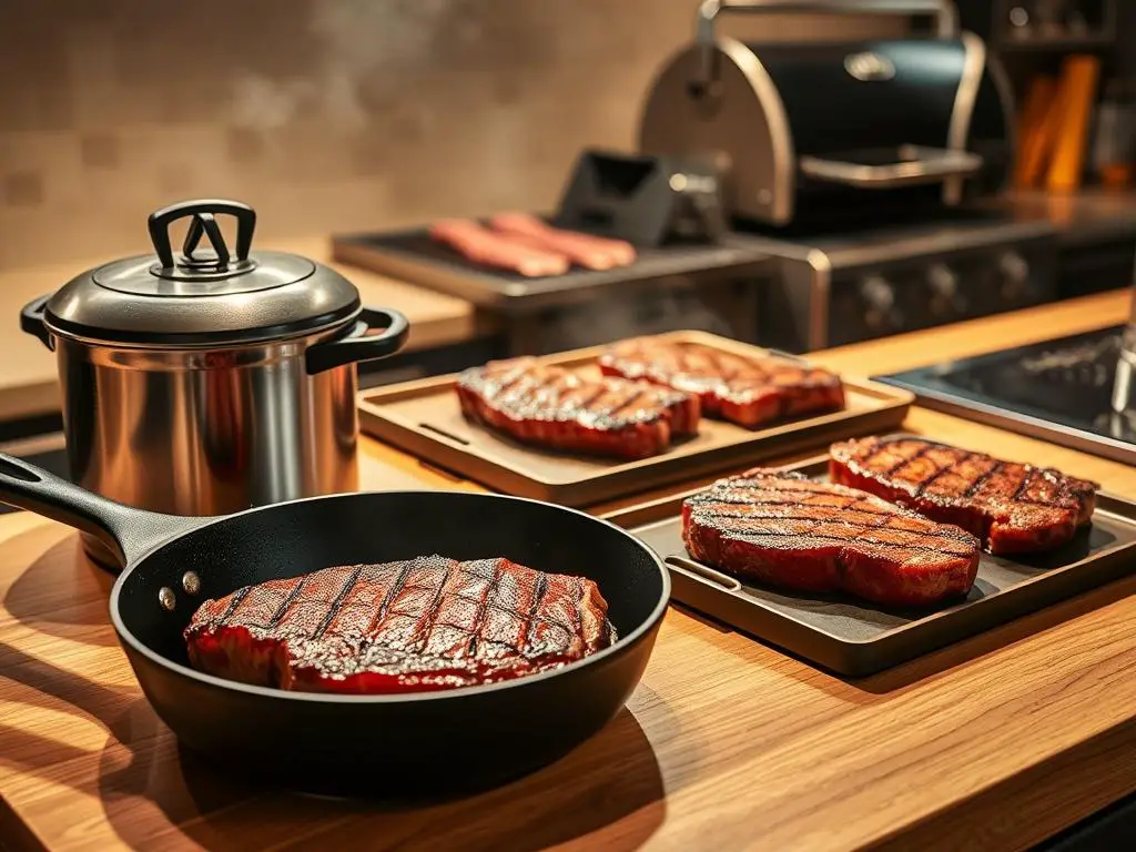 A well-lit kitchen counter showcasing various cooking methods for preparing a New York strip steak. In the foreground, a cast-iron skillet sizzles with a perfectly seared steak, its char-grilled exterior complemented by a medium-rare center. To the side, a sous vide circulator gently cooks another steak to tender perfection. In the background, a charcoal grill smokes with the aroma of grilled meat, while a gleaming stainless-steel broiler stands ready to achieve a caramelized crust. The scene is bathed in warm, natural lighting, creating a cozy, inviting atmosphere for the ultimate steak cooking experience.
