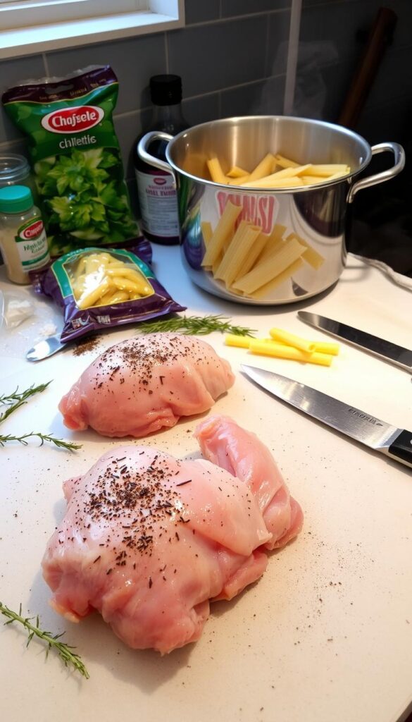 A well-lit kitchen counter, the surface covered in fresh ingredients - chicken breasts, a package of pasta, a cutting board, a sharp knife, and a collection of spices and herbs. In the foreground, the chicken is being carefully prepped, the meat tenderized and seasoned with a blend of garlic, rosemary, and black pepper. In the middle ground, the pasta is being measured and poured into a large pot of boiling water. The atmosphere is one of focused preparation, with a sense of culinary anticipation as the cook readies the components for a delicious Chicken Alfredo dish.