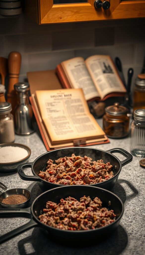 A well-lit kitchen countertop, a cast-iron skillet sizzling with ground beef, surrounded by an array of cooking utensils and seasonings. The beef is browned to perfection, emitting an inviting aroma. In the background, a vintage recipe book lies open, its pages revealing culinary wisdom. Warm, soft lighting casts a comforting glow, evoking a sense of homely, family-friendly atmosphere. The composition captures the essence of mastering the art of cooking ground beef, showcasing the essential tools and techniques for delicious, crowd-pleasing meals.