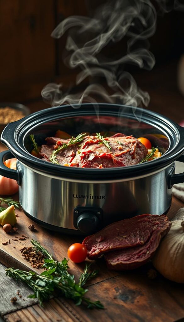 A well-lit slow cooker filled with tender, juicy corned beef, surrounded by aromatic spices, herbs, and vegetables. The cooker sits atop a rustic wooden surface, casting a warm, inviting glow. Wisps of fragrant steam rise from the pot, hinting at the depth of flavor within. The scene is bathed in soft, natural lighting, accentuating the rich colors and textures of the ingredients. The overall atmosphere conveys the comforting, slow-cooked goodness that makes a slow cooker the ideal method for preparing a delicious corned beef dish.