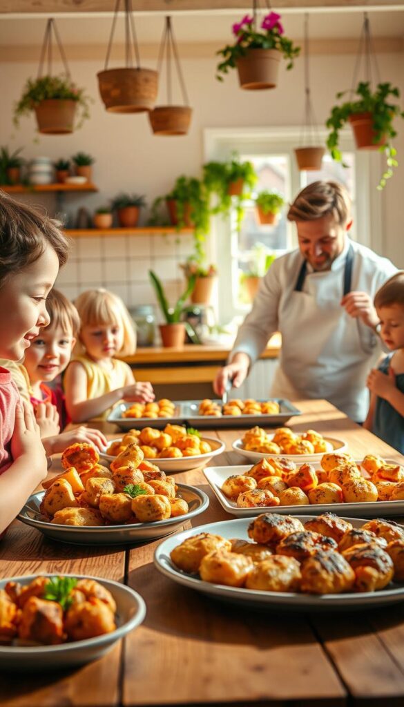 A whimsical, brightly lit kitchen scene showcasing an assortment of delectable, kid-friendly chicken recipes. In the foreground, a group of young children eagerly gather around a large wooden table, their faces alight with excitement as they examine various colorful, bite-sized chicken dishes, from savory chicken nuggets to flavorful chicken skewers. The middle ground features a chef in a crisp, white apron carefully plating a tray of juicy, golden-brown chicken breasts, seasoned with herbs and spices. The background depicts a cozy, sun-drenched kitchen, complete with hanging pots, vibrant plants, and a warm, inviting atmosphere, encouraging families to gather and enjoy these wholesome, child-approved chicken creations.