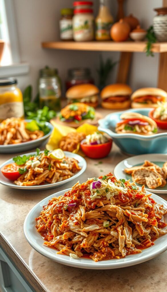 A whimsical, brightly lit scene of a kitchen counter with an assortment of kid-friendly pulled chicken recipes. In the foreground, a plate of tender, shredded chicken in a sweet and tangy barbecue sauce, garnished with colorful coleslaw. Surrounding it, a variety of fun, family-friendly dishes like chicken sandwiches with playful toppings, chicken quesadillas, and chicken salad served in hollowed-out tomatoes. In the background, jars of pickles, herbs, and other fresh ingredients create a homemade, down-to-earth atmosphere. The overall mood is inviting, with a focus on simple, delicious meals that both kids and adults will enjoy.
