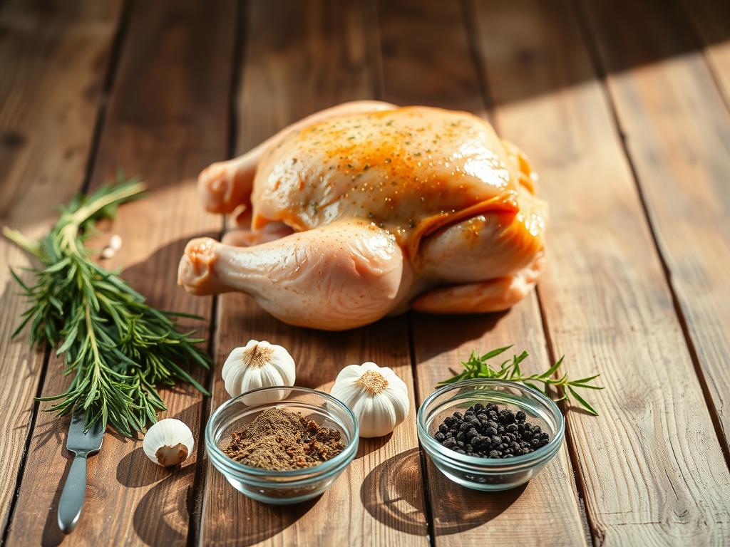 A wooden table with a rustic, weathered surface. In the foreground, a selection of fresh herbs and spices, including rosemary, thyme, garlic, and black pepper. The spices are arranged in small bowls, creating a visually appealing composition. The middle ground features a whole, juicy chicken, seasoned with the aromatic mixture, ready to be grilled. Soft, natural lighting casts gentle shadows, highlighting the textures and colors of the ingredients. The overall scene exudes a warm, inviting atmosphere, conveying the idea of a simple yet flavorful grilling experience.
