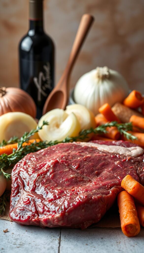 An arrangement of essential pot roast ingredients captured in an elegant still life. In the foreground, a slab of well-marbled beef chuck, glistening with fat. Surrounding it, a selection of aromatic vegetables - large onion wedges, thick-cut carrots, and sprigs of fresh thyme. In the middle ground, a bottle of rich red wine and a wooden spoon, hinting at the cooking process. The background is softly lit, with a hint of warm, rusty tones, evoking the comfort and hominess of a well-equipped kitchen. The composition is balanced, with the ingredients arranged in a visually pleasing manner, creating a sense of culinary anticipation.