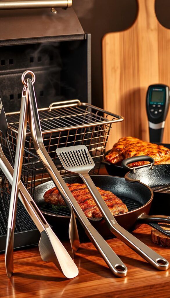 An artfully arranged display of professional-grade grilling tools, illuminated by warm, natural lighting. In the foreground, gleaming stainless steel tongs, spatulas, and a high-quality grill brush. The middle ground showcases a heavy-duty grill basket and a set of seasoned cast-iron grill pans. In the background, a sleek digital meat thermometer and a cedar wood plank for imparting subtle smoky flavors. The overall scene conveys a sense of culinary expertise and the promise of delicious, perfectly grilled meals.