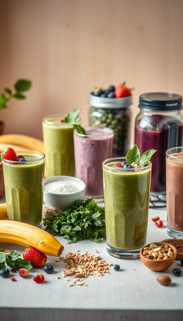 An artfully composed still life showcasing an assortment of vibrant, plant-based protein smoothie recipes. In the foreground, an array of smoothie glasses filled with lush, creamy concoctions in shades of green, purple, and orange. Garnished with fresh berries, leafy greens, and a sprinkling of nuts and seeds. The middle ground features an array of blended ingredients, such as leafy kale, ripened bananas, and plant-based protein powder. The background is a soft, natural setting with a wooden surface and clean, airy lighting, highlighting the healthful, organic nature of the scene. The overall mood is one of nourishment, vitality, and a celebration of plant-based culinary delights.