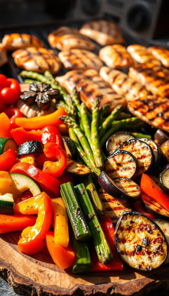 An assortment of grilled vegetables, vibrant and succulent, arranged artfully on a rustic wooden platter. In the foreground, juicy bell peppers, zucchini, and eggplant slices, lightly charred and glistening with a drizzle of fragrant olive oil. The middle ground features tender asparagus spears and portobello mushroom caps, beautifully grilled and seasoned. In the background, a variety of grilled protein options, such as lean chicken breasts and salmon fillets, perfectly cooked and ready to be enjoyed. The scene is illuminated by warm, natural lighting, casting a golden hue and highlighting the vibrant colors of the healthy, flavorful ingredients. The overall atmosphere is one of a bountiful, wholesome and inviting grilling experience.
