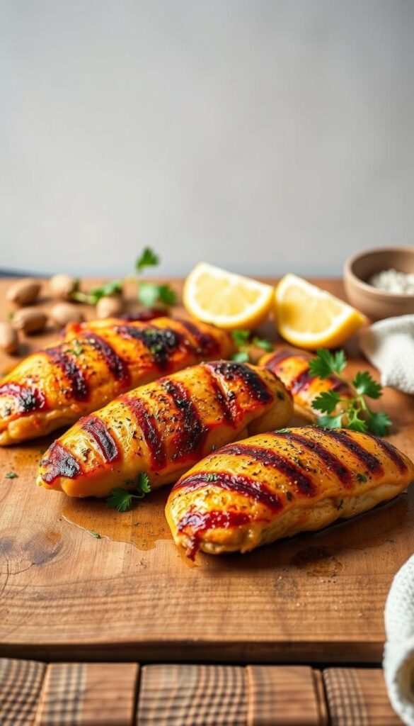 Appetizing chicken breasts seared to perfection, arranged on a rustic wooden table against a minimalist backdrop. Crisp, golden skin glistens under the soft, warm lighting, inviting the viewer to imagine the tender, juicy meat within. Fresh herbs, lemon wedges, and simple seasonings accent the composition, hinting at the flavors to come. The scene exudes an effortless, homemade charm, capturing the essence of quick and easy chicken breast recipes that can be whipped up with ease. A serene, inviting atmosphere that whets the appetite and inspires culinary creativity.