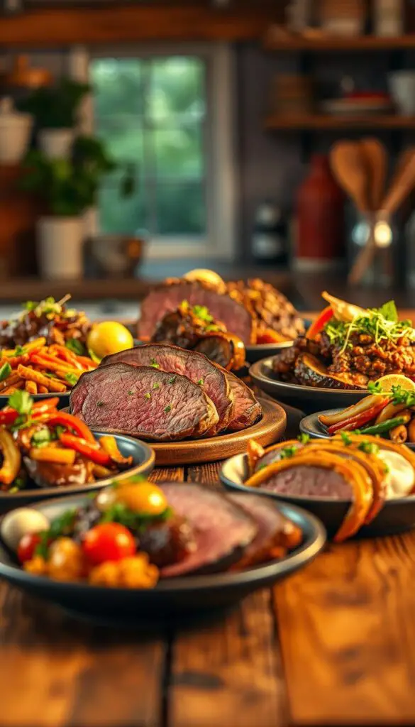 Artistic, mouthwatering close-up of various creative roast beef dishes, beautifully plated and styled. Warm, golden lighting illuminates the succulent slices, garnished with fresh herbs, roasted vegetables, and creative sauces. Rustic wooden table in the middle ground, with a blurred background of a cozy, natural-looking kitchen interior. Emphasize the diverse textures, colors, and flavors of the roast beef preparations, creating an appetizing and visually compelling scene that captures the essence of the "Variations on Roast Beef Recipes" section.