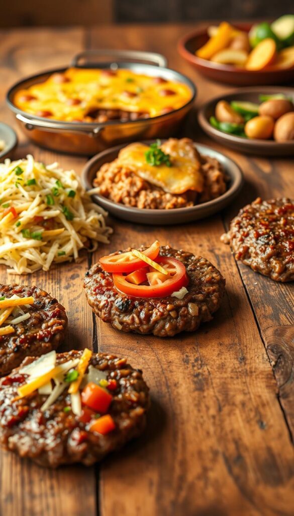 Delectable ground beef dishes laid out on a rustic wooden table, illuminated by warm, soft lighting. In the foreground, sizzling ground beef patties, accompanied by a variety of budget-friendly garnishes such as sautéed onions, shredded cheese, and sliced tomatoes. In the middle ground, a hearty casserole or shepherd's pie, its golden-brown crust inviting a closer look. In the background, a selection of simple, yet flavorful sides, like roasted potatoes or a fresh green salad. The overall scene exudes a comforting, homemade atmosphere, capturing the essence of budget-friendly, versatile ground beef meals.