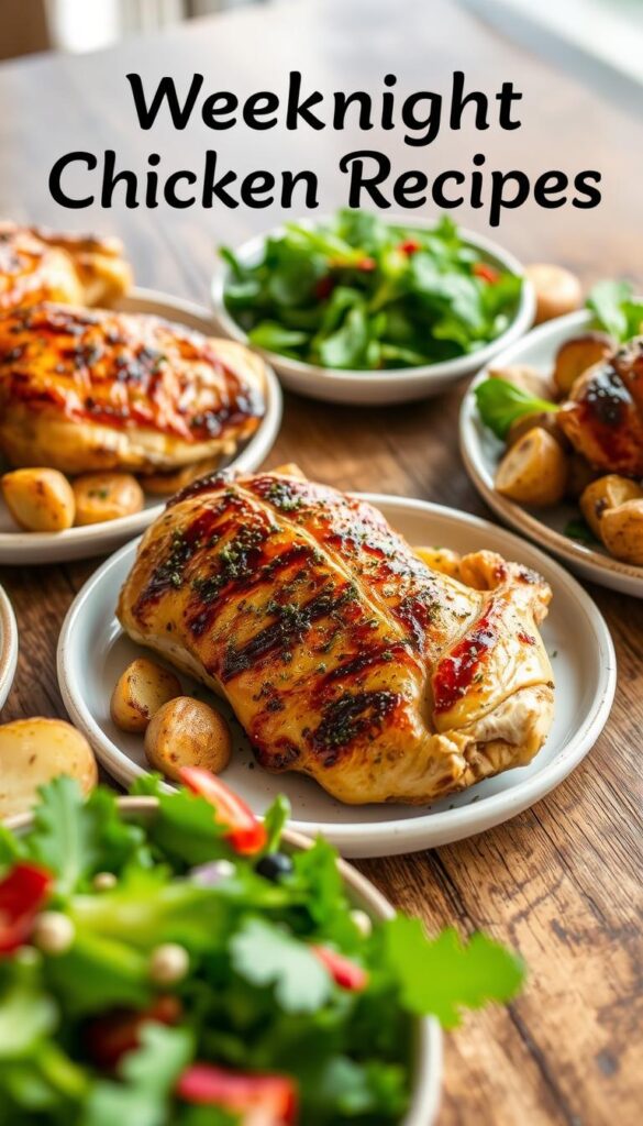 Delicious weeknight chicken recipes arranged on a rustic wooden table, soft natural lighting illuminating succulent roasted chicken breasts, garlic-herb roasted potatoes, and fresh vibrant salad greens. Close-up view showcasing the enticing textures and colors, highlighting the simple yet flavorful homemade dishes perfect for a quick and satisfying dinner. Elegant yet casual setting, with a cozy, inviting atmosphere to inspire the home cook to recreate these mouthwatering meals any night of the week.