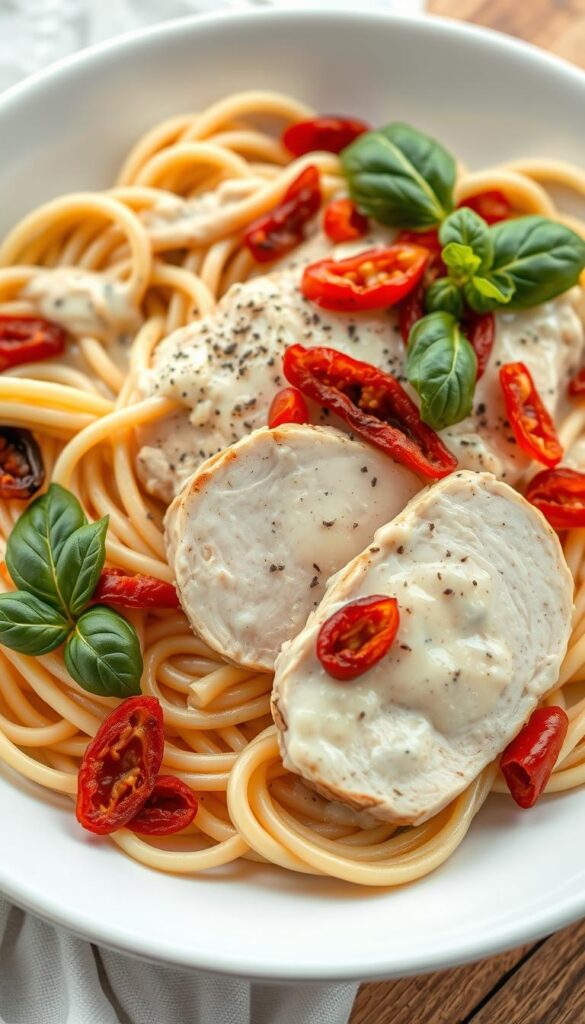 Freshly served chicken alfredo with al dente fettuccine noodles, a creamy parmesan-garlic sauce, and a vibrant garnish of julienned sun-dried tomatoes, fresh basil leaves, and cracked black pepper. The dish is plated on a white porcelain serving dish, with the pasta artfully arranged and the chicken breast sliced at an angle to showcase its juicy interior. Soft, diffused lighting casts a warm glow over the scene, highlighting the rich, inviting colors of the food. The overall composition is balanced and visually appealing, conveying a sense of culinary elegance and homemade comfort.