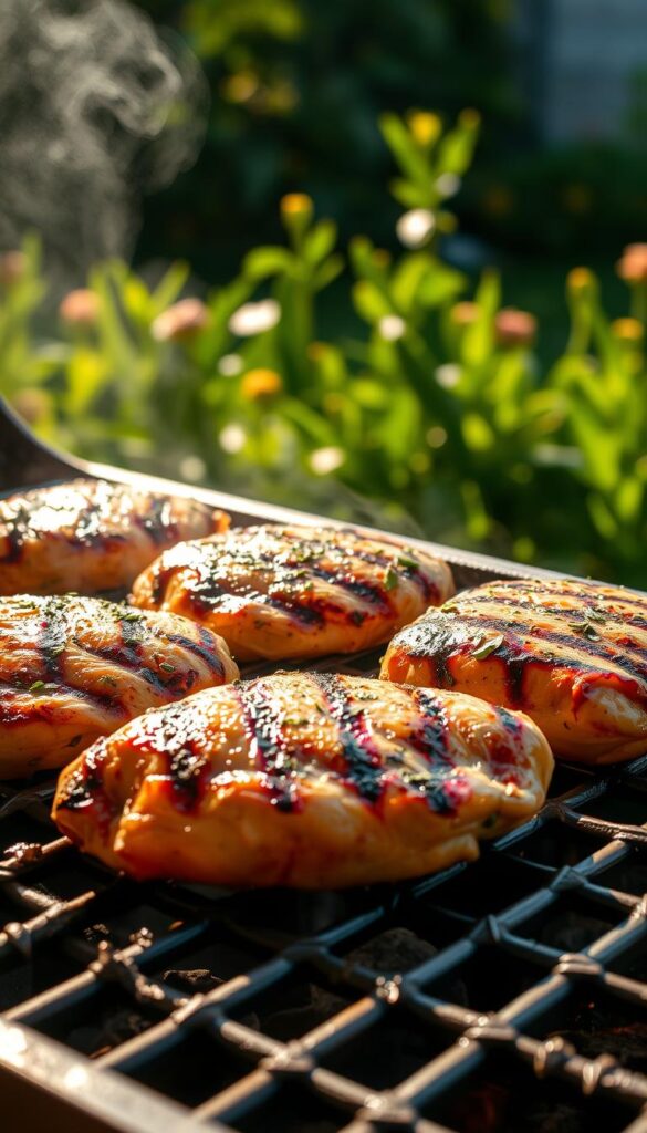 Grilled chicken breasts sizzling on a hot grill, their golden-brown skin glistening in the warm, natural lighting. The succulent meat is seasoned with a blend of herbs and spices, creating a tantalizing aroma that fills the air. In the background, a lush, verdant garden provides a serene and inviting setting, with soft shadows playing across the scene. The image is captured from a slightly elevated angle, highlighting the juicy texture and vibrant colors of the perfectly cooked chicken. A sense of rustic simplicity and culinary mastery pervades the composition, inviting the viewer to imagine the delicious flavors and satisfying texture of these mouth-watering grilled chicken breast recipes.