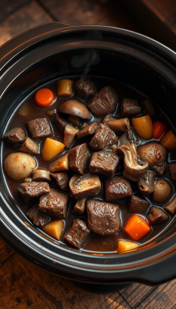 Hearty beef tips in a rustic crock pot, simmering in a rich, savory gravy. Tender chunks of beef, slow-cooked to perfection, surrounded by a medley of earthy mushrooms, tender carrots, and fragrant onions. The scene is bathed in a warm, golden light, casting a cozy, inviting glow. The crock pot sits atop a worn, wooden surface, its contents beckoning to be served over a bed of fluffy mashed potatoes or creamy egg noodles. The aroma fills the air, tantalizing the senses and promising a comforting, satisfying meal.