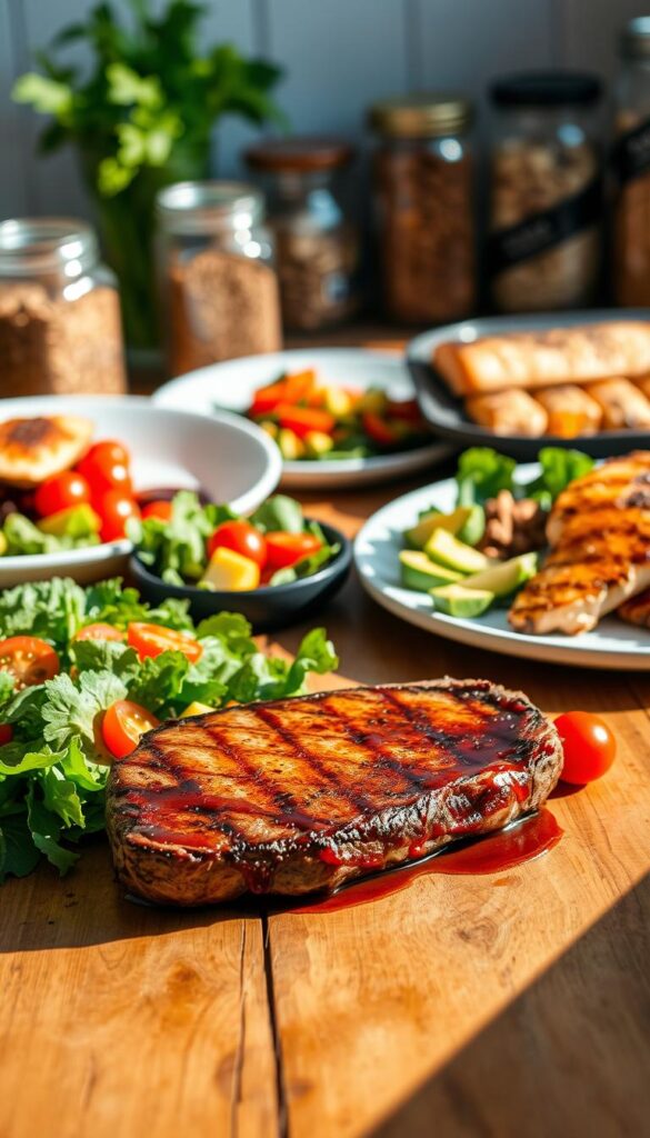 High protein, low carb dishes arranged on a rustic wooden table, bathed in warm, natural lighting. In the foreground, a perfectly seared steak, glistening with a savory sauce. Beside it, a vibrant salad of crisp greens, avocado, and cherry tomatoes. In the middle ground, a plate of grilled salmon with a side of roasted vegetables, colors popping against the earthy tones. In the background, jars of nuts, seeds, and other high-protein, low-carb ingredients, hinting at the versatility of this lifestyle. The scene exudes a sense of health, balance, and culinary delight, inviting the viewer to savor a nourishing, satisfying meal.