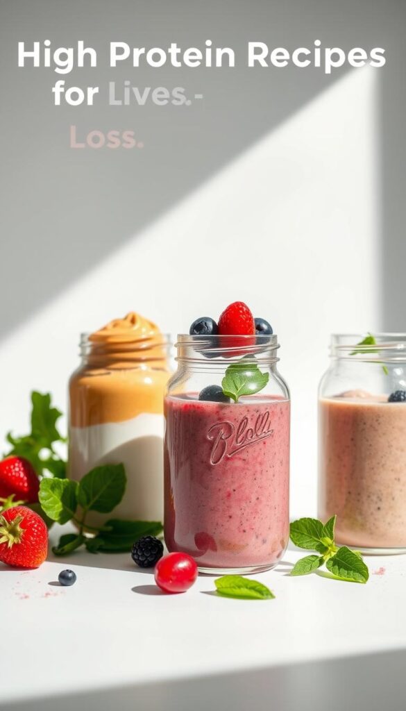 High-protein smoothie recipes for weight loss served in clear glass jars against a clean white background. The smoothies feature ingredients like yogurt, peanut butter, berries, and leafy greens. Lighting is bright and natural, accentuating the vibrant colors and velvety textures of the contents. The arrangement is minimalist and elegant, with the jars placed at varied angles to create depth and visual interest. The overall mood is healthy, refreshing, and appetizing, inviting the viewer to indulge in a nutritious, metabolism-boosting beverage.