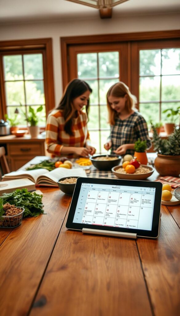 Meal planning for family dinners - a cozy kitchen scene with a large wooden table in the foreground, covered in a checkered tablecloth. On the table, a tablet displaying a weekly meal schedule, surrounded by recipe books, meal prep tools, and fresh ingredients like vegetables, grains, and herbs. In the middle ground, a mother and child collaborating on a recipe, their faces warm and engaged. The background reveals a large window overlooking a lush, green backyard, bathed in soft, natural light. The overall atmosphere is one of domestic harmony, practicality, and quality time spent together.