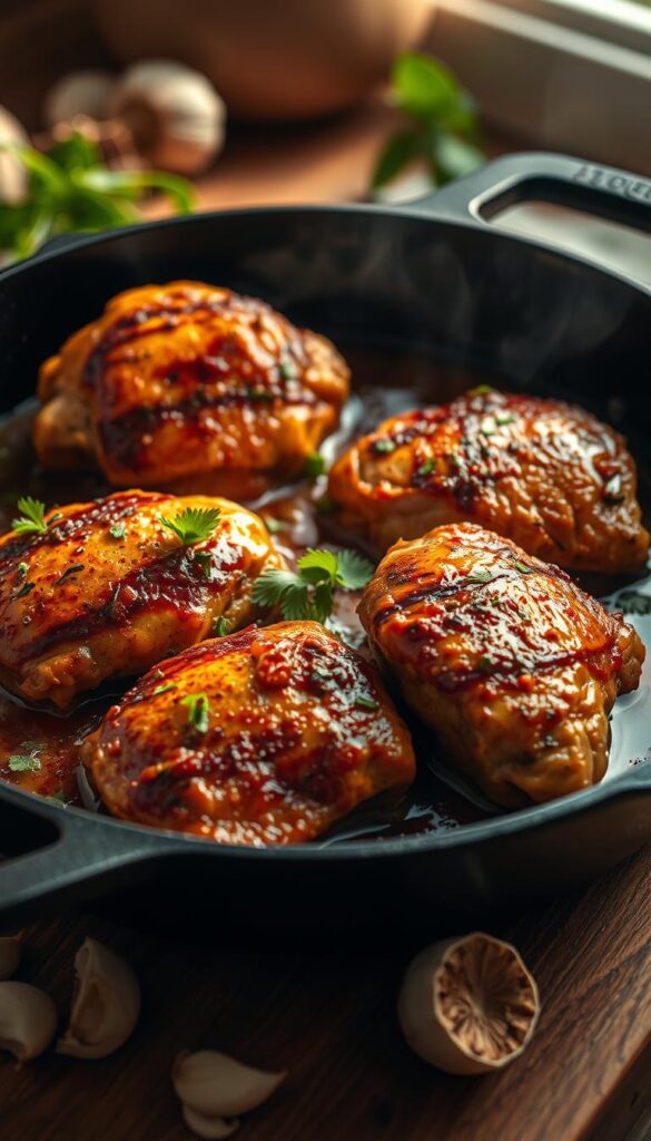 Mouth-watering chicken thighs sizzling in a cast-iron skillet, bathed in a rich, aromatic sauce. Crispy, golden-brown skin glistening under warm, directional lighting, casting dramatic shadows. A vibrant array of fresh herbs, garlic, and spices scattered around the dish, hinting at the bold flavors within. The camera angle slightly elevated, capturing the juicy thighs in all their delectable glory, set against a softly blurred background that suggests a cozy, inviting kitchen. An image that beckons the viewer to dive in and savor every flavorful bite.