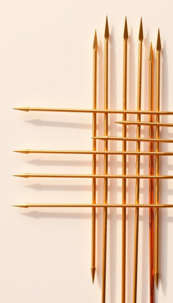Perfectly threaded skewers, gleaming with a golden-brown hue, arranged in a clean, organized manner against a soft, neutral background. The skewers are precisely parallel, their sharp tips aligned to create a sense of harmonious symmetry. Carefully spaced, the skewers cast gentle shadows, suggesting a warm, natural lighting source. The overall composition exudes a sense of culinary precision and attention to detail, inviting the viewer to imagine the delicious grilled kabobs soon to be assembled.