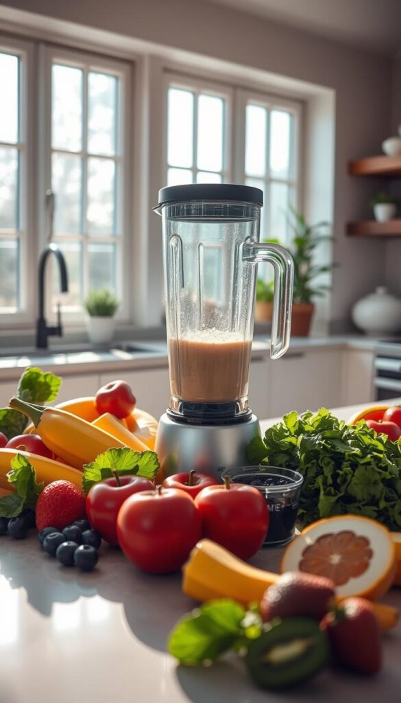 Prompt A bright, airy kitchen counter with an assortment of fresh fruits, leafy greens, and protein powder arranged neatly. In the foreground, a blender stands ready, its glass carafe gleaming. Sunlight streams in through large windows, casting a warm glow over the scene. Vibrant, healthy ingredients are measured and prepped, conveying the ease and simplicity of crafting a delicious protein-rich smoothie. The overall mood is clean, wellness-focused, and inviting, showcasing the straightforward steps to make a nutritious, on-the-go meal.