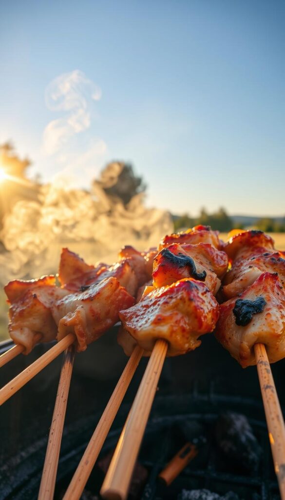 Sizzling, golden-brown chicken skewers roasting over an open flame, their juices caramelizing to perfection. Tender pieces of white and dark meat, marinated in a tantalizing blend of spices, sear with a mouthwatering char. The scene is bathed in warm, golden-hour sunlight, casting a soft, inviting glow. In the foreground, wooden kabob sticks protrude from a cast-iron grill, their tips blackened from the intense heat. In the middle ground, plumes of fragrant smoke curl upwards, mingling with the aroma of grilled chicken. The background is a tranquil outdoor setting, with lush greenery and a clear, azure sky overhead, evoking the perfect summer day for an alfresco feast.