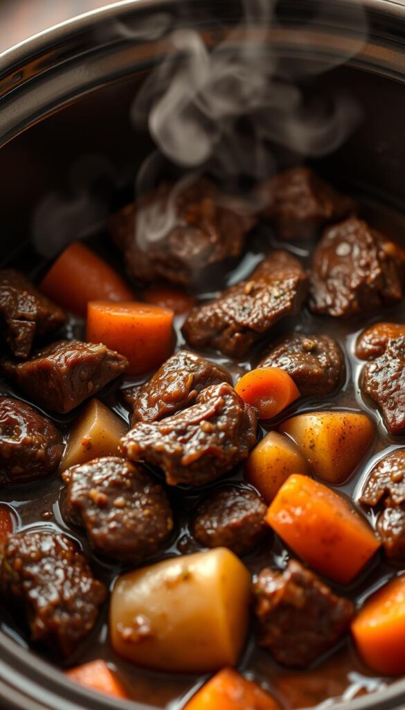 Steaming, succulent beef tips simmering in a rich, aromatic crock pot. The tender chunks are coated in a thick, savory gravy, flecked with aromatic herbs and spices. Carrots, onions, and potatoes nestle around the beef, contributing earthy sweetness. Warm lighting casts a cozy glow, highlighting the dish's inviting, homestyle appearance. The scene is captured in a close-up, high-resolution photograph, emphasizing the dish's irresistible textures and flavors. An essential, mouthwatering representation of the comfort and nourishment of a classic crock pot beef tips recipe.