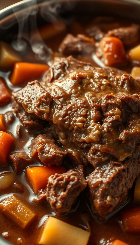 Steaming, tender beef pot roast, simmered to perfection in a rich, savory gravy. Carrots, potatoes, and onions surround the succulent meat, absorbing the flavorful juices. A light, golden-brown crust forms on the exterior, giving way to a juicy, fork-tender interior. Soft, buttery biscuits or crusty bread await to soak up every last drop. Warm lighting casts a cozy, inviting glow, as wisps of fragrant steam rise from the dish. A classic, comforting scene, captured in high detail and photorealistic quality.