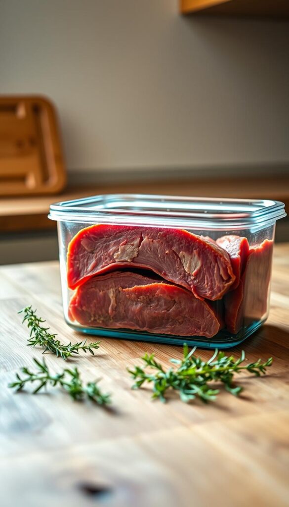 Storing corned beef in a clear glass container, neatly arranged slices with visible layers of fat and meat. The container is placed on a wooden table, illuminated by soft, even lighting from the side. A few sprigs of fresh herbs, like thyme or rosemary, are scattered around the container, adding a touch of natural greenery. The table is situated in a minimalist, clean kitchen setting, with a neutral color palette and subtle textures in the background. The overall scene conveys a sense of organization, freshness, and culinary preparation, suitable for illustrating the "Storing and Reheating Leftover Corned Beef" section of the article.