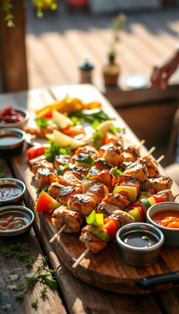Summer kabob serving ideas on a rustic wooden table, with vibrant grilled chicken, fresh vegetables, and an array of accompanying sauces and condiments. The scene is illuminated by warm, natural lighting, captured with a wide-angle lens to showcase the bountiful spread. The mood is casual and inviting, perfect for an al fresco gathering on a balmy summer day. Scattered greenery and a few sprigs of fresh herbs add a touch of freshness, while the overall composition emphasizes the vibrant colors and textures of the perfectly grilled kabobs.