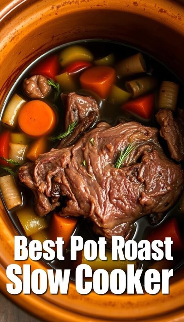 Tender and juicy pot roast simmering in a hearty, aromatic broth within a rustic, earthenware slow cooker. Tender beef chuck roast, caramelized onions, carrots, celery, and fragrant herbs like thyme and rosemary fill the frame. Warm, indirect lighting casts a cozy glow, highlighting the rich, mouthwatering textures. The scene exudes the comforting aroma of a perfectly executed pot roast, ready to be savored after hours of slow, patient cooking. A quintessential slow-cooked meal, capturing the essence of the "Best Pot Roast Slow Cooker Method".