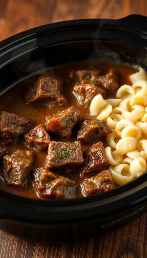 Tender beef tips simmering in a rich, savory crock pot gravy. Succulent chunks of beef, caramelized on the edges, immersed in a velvety sauce accented with aromatic herbs and spices. Wisps of steam rise from the slow-cooked dish, hinting at the mouthwatering tenderness within. Soft, pillowy mashed potatoes or buttery egg noodles nestle alongside, ready to soak up every flavorful drop. Warm lighting casts a inviting glow, emphasizing the dish's comforting, homestyle appeal. A rustic, wooden table provides the perfect backdrop, complementing the hearty, homemade nature of this delectable crock pot creation.