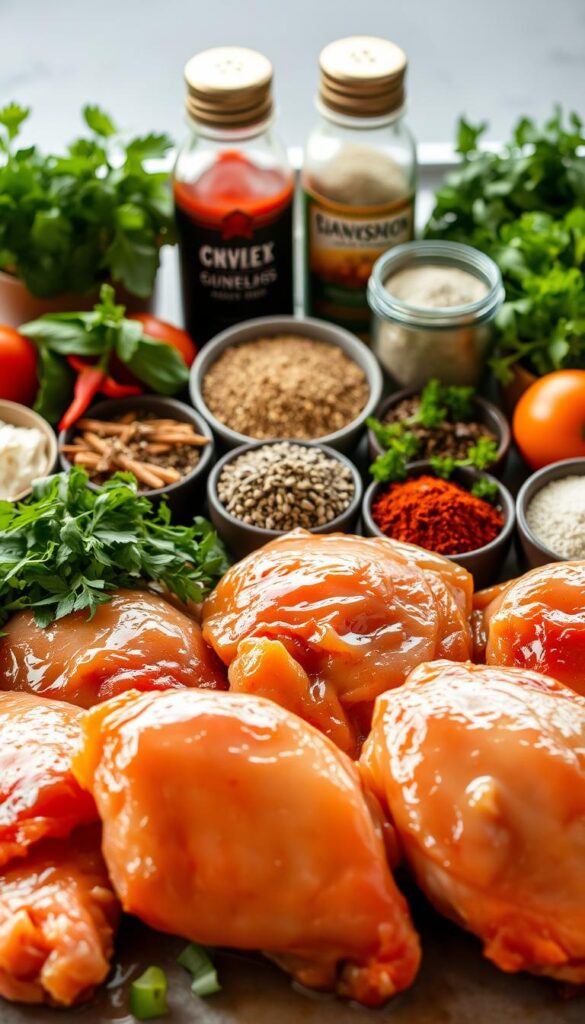 Vibrant and flavorful boneless skinless chicken thighs arranged in an appetizing display. The juicy meat glistens under warm, natural lighting, inviting the viewer to imagine the delectable recipes that could be crafted with this versatile ingredient. In the foreground, the chicken thighs are presented in an artful arrangement, showcasing their tender texture and rich color. The middle ground features a selection of fresh herbs, spices, and seasoning blends, hinting at the myriad ways these thighs could be prepared. The background subtly suggests a clean, modern kitchen setting, allowing the focus to remain on the star of the dish - the boneless, skinless chicken thigh.