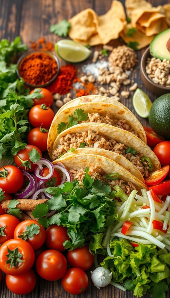 Vibrant, colorful taco ingredients arranged on a rustic wooden surface. In the foreground, a variety of fresh, crisp vegetables including tomatoes, lettuce, onions, and bell peppers. In the middle ground, juicy, seasoned ground turkey or shredded chicken nestled in warm, soft tortillas. The background features a collection of spices, herbs, and toppings like avocado, lime wedges, and crunchy tortilla chips, creating a visually appealing and appetizing scene. Warm, natural lighting casts a soft glow, highlighting the fresh, wholesome textures and flavors. The composition conveys a sense of healthiness, homemade charm, and mouthwatering deliciousness.