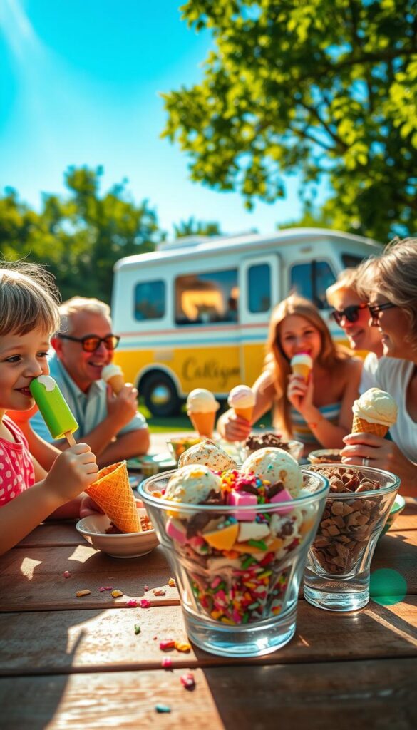 Vibrant summer day, golden sunshine filtering through lush greenery. A family gathered around a picnic table, delighting in various ice cream treats. In the foreground, a child joyfully licks a colorful popsicle, while nearby, adults savor scoops of rich, creamy ice cream in delicate waffle cones. In the middle ground, a chilled glass bowl overflows with a rainbow of toppings - sprinkles, chocolate shavings, chopped nuts. In the background, a vintage ice cream truck stands, its retro design and cheerful melody inviting passersby to indulge. The scene exudes a sense of warmth, nostalgia, and the simple pleasures of homemade ice cream on a beautiful day.