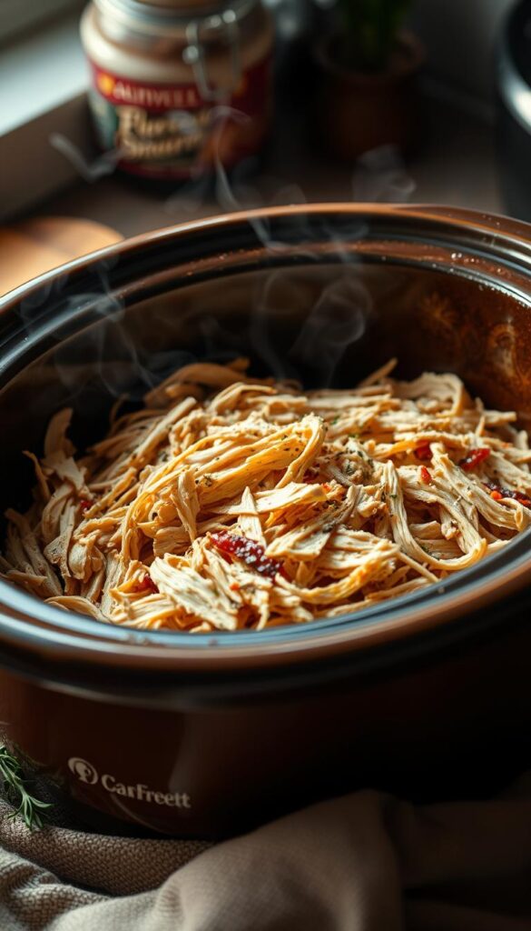 a close-up photograph of perfectly shredded pulled chicken in a rustic ceramic crock pot, steaming and surrounded by aromatic herbs and spices, illuminated by warm, natural lighting, with a soft, blurred background suggesting a cozy kitchen setting
