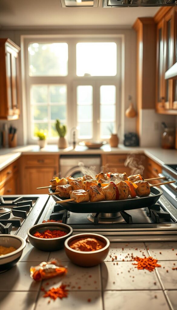indoor chicken kabob cooking, medium-sized kitchen with wooden cabinets and white tile floors, bright natural sunlight pouring in through large windows, chicken kabobs sizzling on a cast iron grill pan on the stovetop, aromatic spices and herbs scattered around, warm, inviting atmosphere, slightly blurred edges to create a soft, cozy focus on the cooking scene, high-angle view to capture the full preparation process, high-resolution, photorealistic rendering